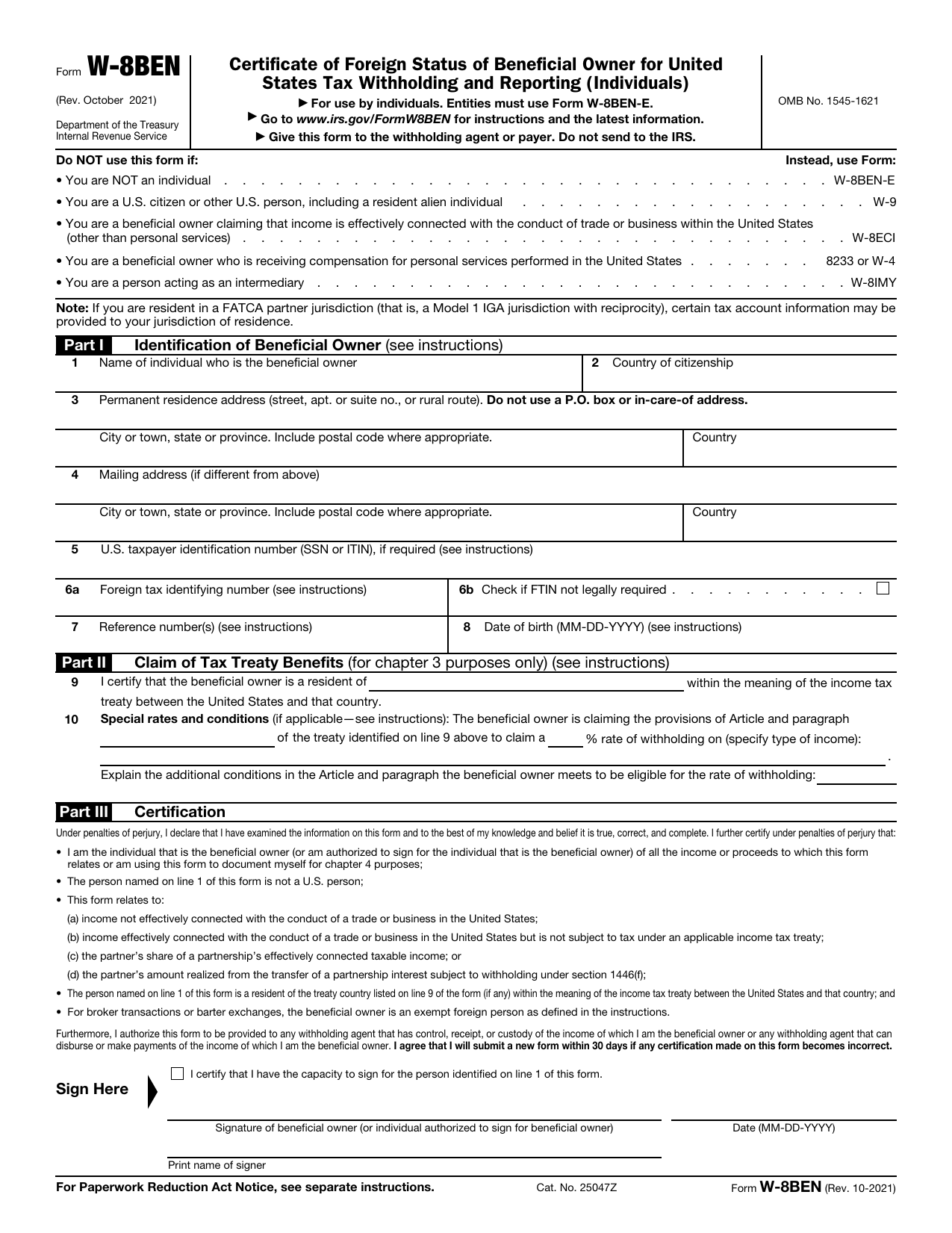 Form W-8BEN preview