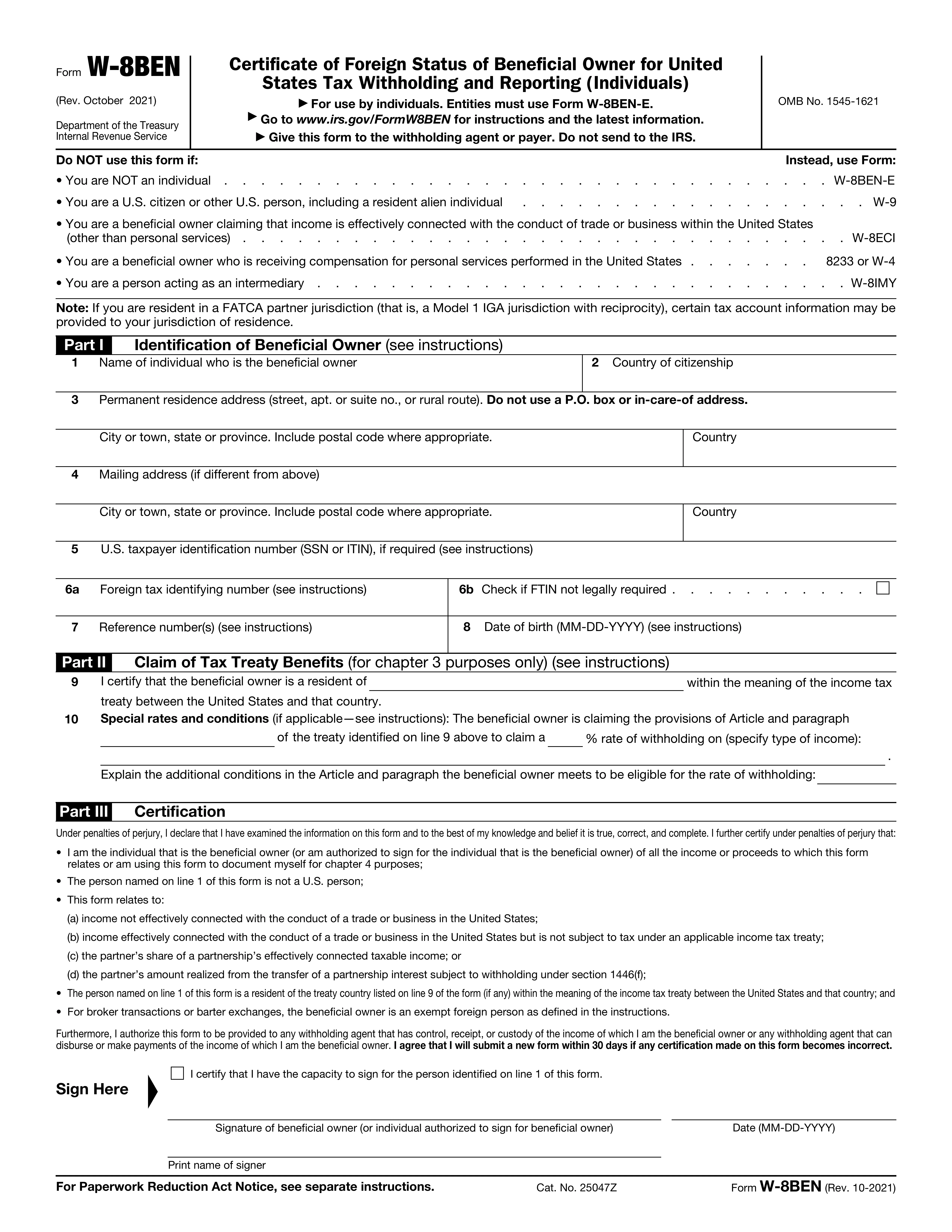 Form W-8BEN preview