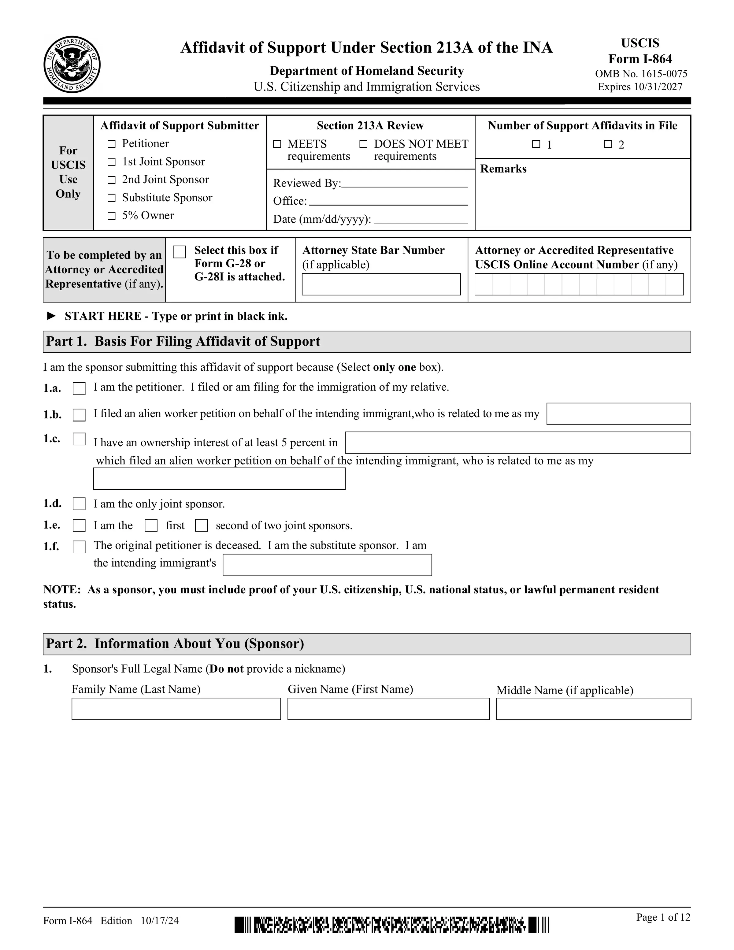 I-864 Affidavit of Support preview