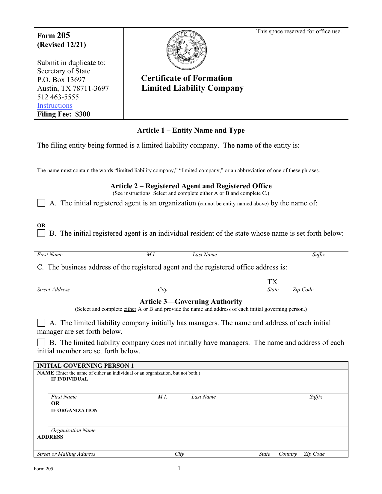 LLC Certificate of Formation preview