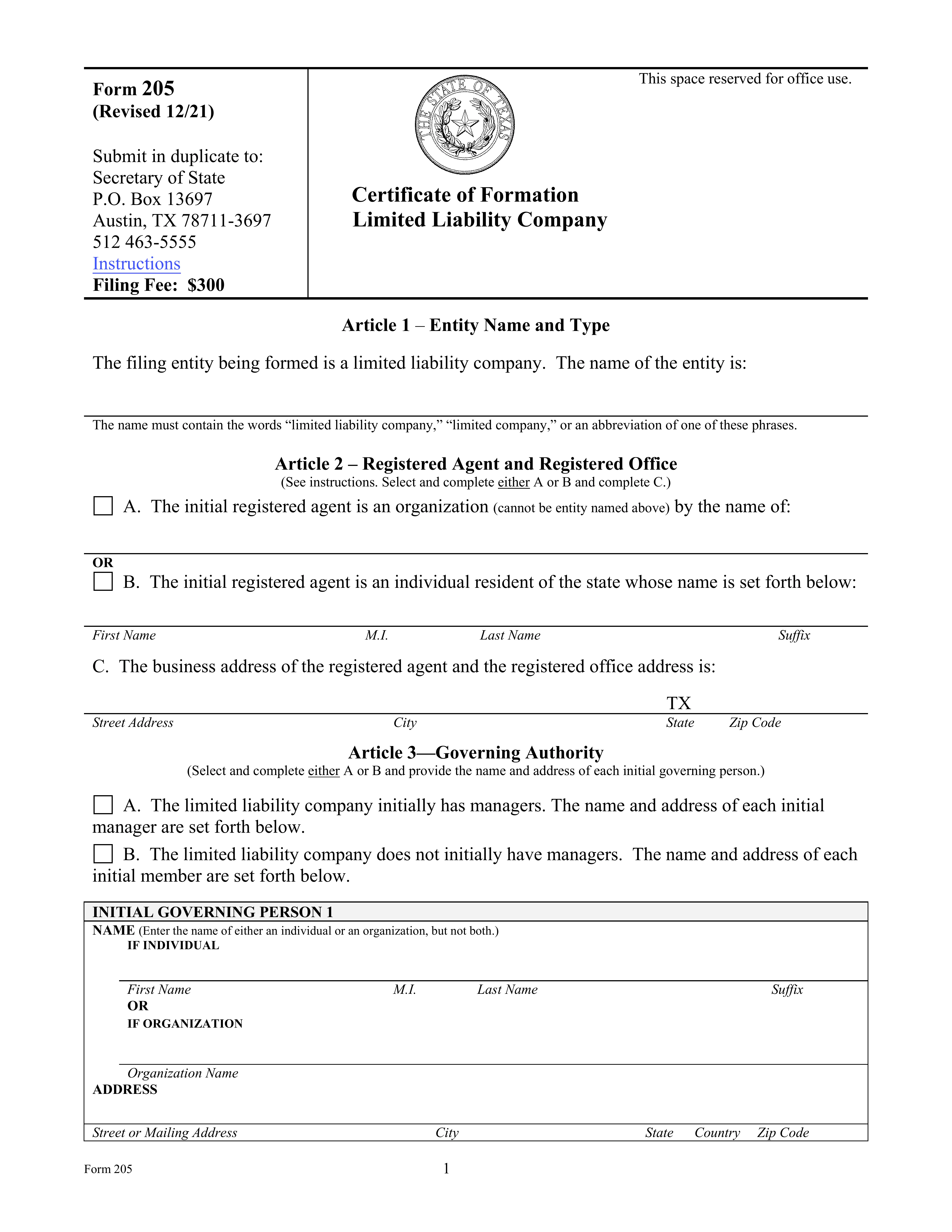 LLC Certificate of Formation preview